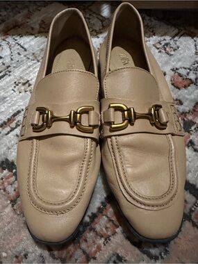 Zara Tan Leather Loafers with Gold Horsebit Size 8
